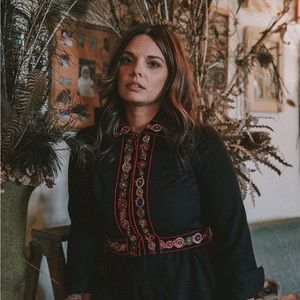 Vintage 60s Mod Hippie beaded velvet trim dress with dagger collar.